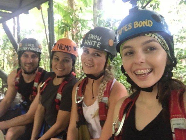Iphone photos of squad with hellmets on canopy jungle surfing Daintree Rainforest